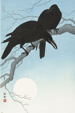 Two crows on a branch White Modern Wood Framed Art Print with Double Matting by Koson, Ohara