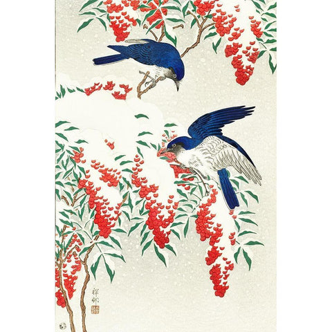 Flycatchers on a nandina bush Black Modern Wood Framed Art Print with Double Matting by Koson, Ohara