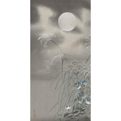 Grass and flowers at full moon Gold Ornate Wood Framed Art Print with Double Matting by Koson, Ohara