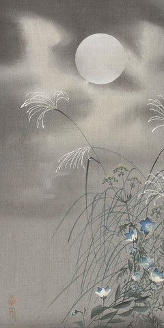 Grass and flowers at full moon White Modern Wood Framed Art Print with Double Matting by Koson, Ohara