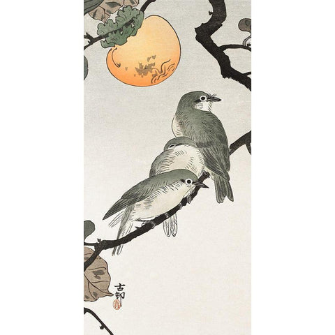 Birds and plants Black Modern Wood Framed Art Print with Double Matting by Koson, Ohara