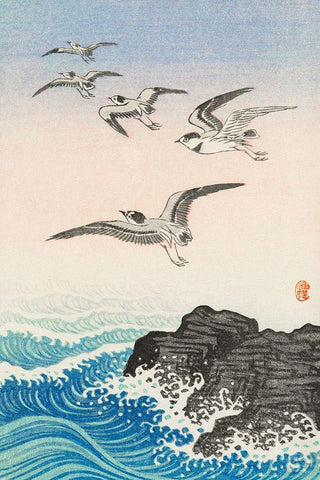 Five seagulls above the sea White Modern Wood Framed Art Print with Double Matting by Koson, Ohara