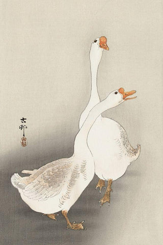 Two geese Black Ornate Wood Framed Art Print with Double Matting by Koson, Ohara