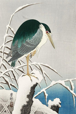 Heron in snow Black Ornate Wood Framed Art Print with Double Matting by Koson, Ohara