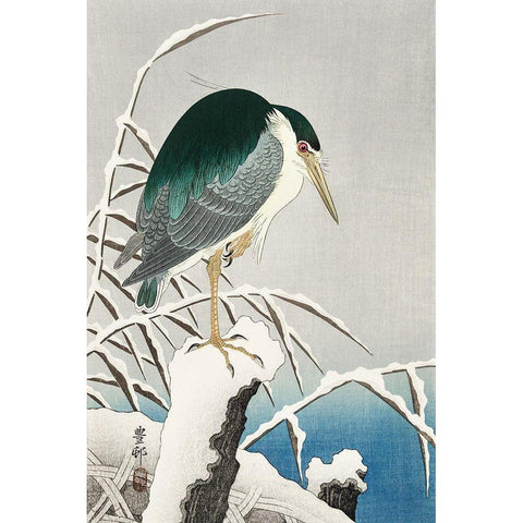 Heron in snow White Modern Wood Framed Art Print by Koson, Ohara