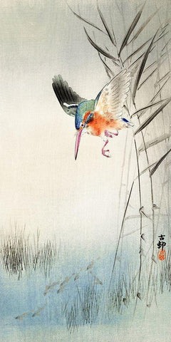 Kingfisher hunting for fish in the water White Modern Wood Framed Art Print with Double Matting by Koson, Ohara