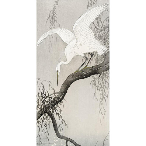 White heron on tree branch White Modern Wood Framed Art Print by Koson, Ohara