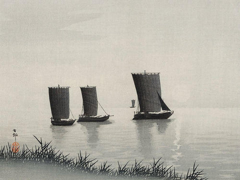 Fishing boats White Modern Wood Framed Art Print with Double Matting by Koson, Ohara