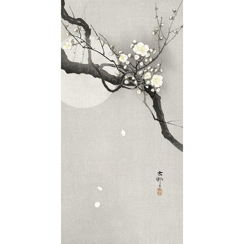 Plum blossom and full moon Gold Ornate Wood Framed Art Print with Double Matting by Koson, Ohara