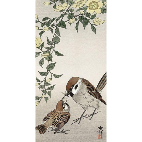 Birds and plants Gold Ornate Wood Framed Art Print with Double Matting by Koson, Ohara