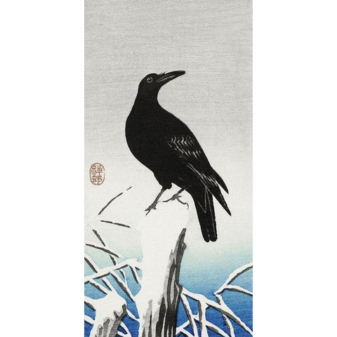 Crow on snowy pole Gold Ornate Wood Framed Art Print with Double Matting by Koson, Ohara