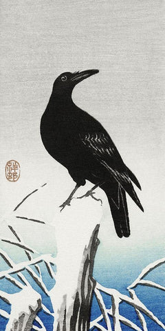 Crow on snowy pole White Modern Wood Framed Art Print with Double Matting by Koson, Ohara