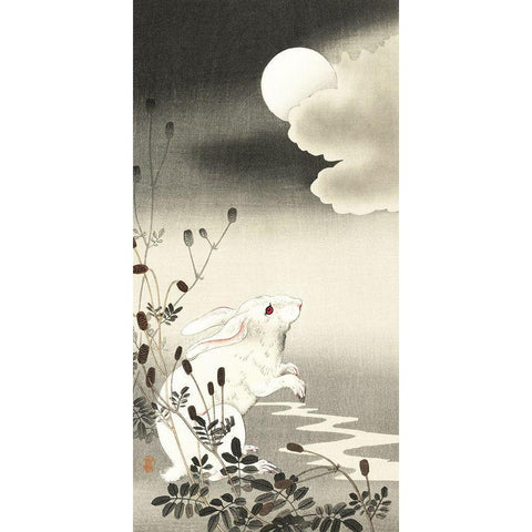 Rabbit at full moon White Modern Wood Framed Art Print by Koson, Ohara