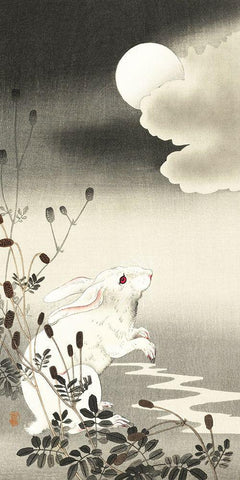 Rabbit at full moon White Modern Wood Framed Art Print with Double Matting by Koson, Ohara