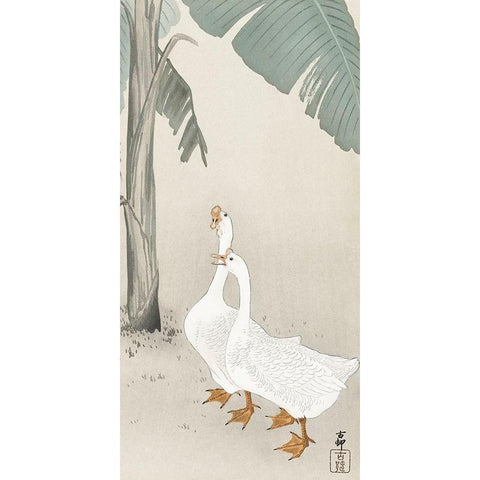 Two geese at banana tree Gold Ornate Wood Framed Art Print with Double Matting by Koson, Ohara