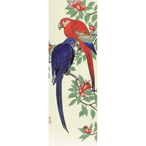 Red and a blue parrot Gold Ornate Wood Framed Art Print with Double Matting by Koson, Ohara