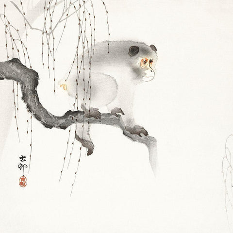 Monkey on a tree branch White Modern Wood Framed Art Print by Koson, Ohara