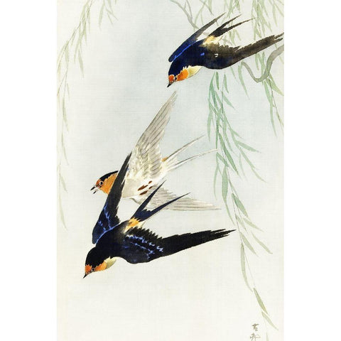 Three birds in full flight White Modern Wood Framed Art Print by Koson, Ohara