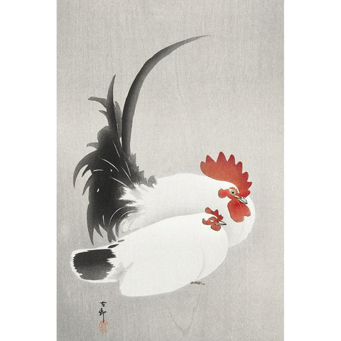 Rooster and hen Gold Ornate Wood Framed Art Print with Double Matting by Koson, Ohara