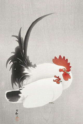 Rooster and hen White Modern Wood Framed Art Print with Double Matting by Koson, Ohara