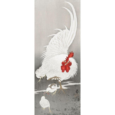 Rooster and three chicks Black Modern Wood Framed Art Print with Double Matting by Koson, Ohara