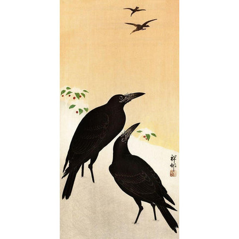 Crows in snow Gold Ornate Wood Framed Art Print with Double Matting by Koson, Ohara