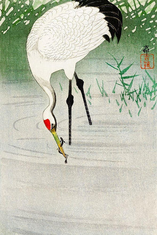 Fishing crane in shallow water Black Ornate Wood Framed Art Print with Double Matting by Koson, Ohara