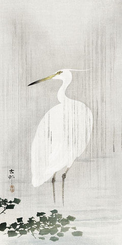 Egret in rain White Modern Wood Framed Art Print with Double Matting by Koson, Ohara