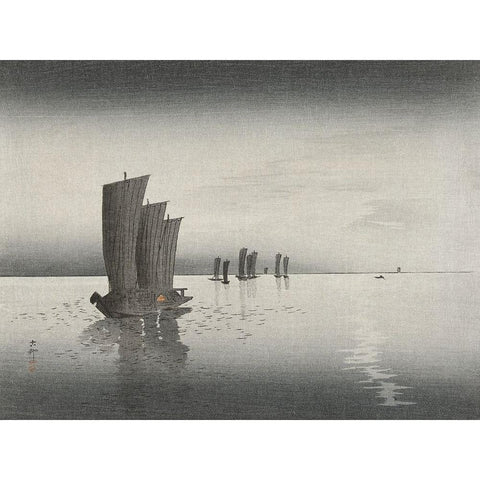 Fishing boats at dusk White Modern Wood Framed Art Print by Koson, Ohara