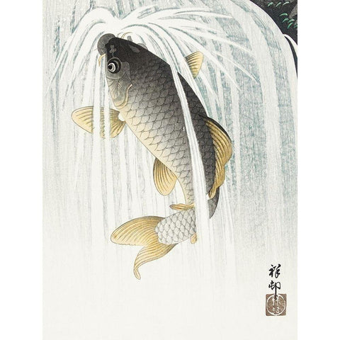 Carp Black Modern Wood Framed Art Print with Double Matting by Koson, Ohara