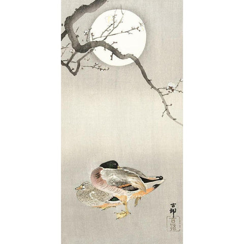 Ducks at full moon Gold Ornate Wood Framed Art Print with Double Matting by Koson, Ohara