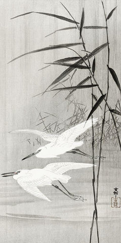 Two egrets in flight White Modern Wood Framed Art Print with Double Matting by Koson, Ohara