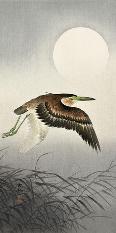 Heron at full moon White Modern Wood Framed Art Print with Double Matting by Koson, Ohara