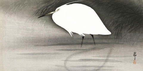 Egret White Modern Wood Framed Art Print with Double Matting by Koson, Ohara