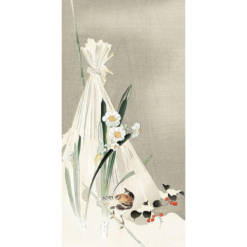 A bird with narcissus flowers and a hay bundle White Modern Wood Framed Art Print by Koson, Ohara