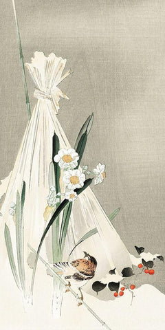 A bird with narcissus flowers and a hay bundle White Modern Wood Framed Art Print with Double Matting by Koson, Ohara