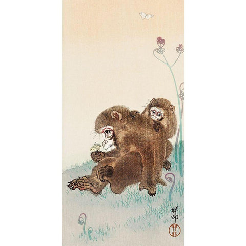 Two monkeys Gold Ornate Wood Framed Art Print with Double Matting by Koson, Ohara