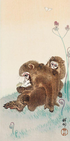 Two monkeys Black Ornate Wood Framed Art Print with Double Matting by Koson, Ohara