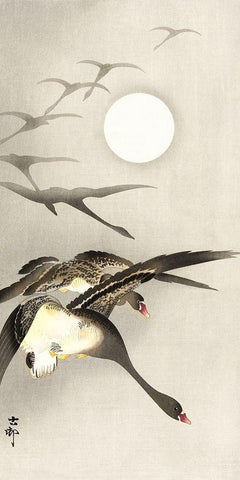 Geese at full moon White Modern Wood Framed Art Print with Double Matting by Koson, Ohara