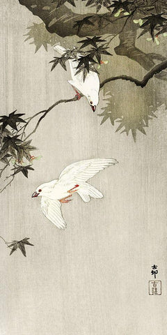 Birds in rain White Modern Wood Framed Art Print with Double Matting by Koson, Ohara