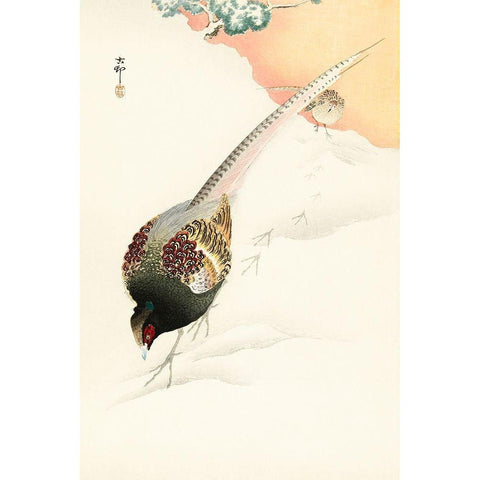 Pheasant couple in the snow Gold Ornate Wood Framed Art Print with Double Matting by Koson, Ohara