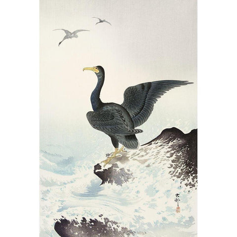 Red mask cormorant on rock Black Modern Wood Framed Art Print with Double Matting by Koson, Ohara