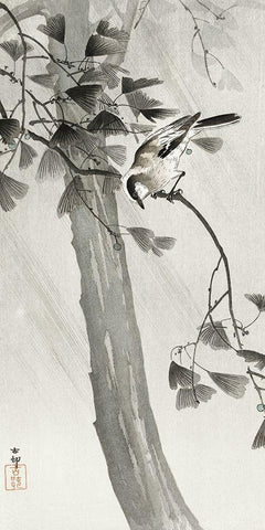 Long-tailed tit in storm Black Ornate Wood Framed Art Print with Double Matting by Koson, Ohara