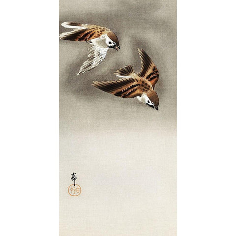 Ring sparrows in snow White Modern Wood Framed Art Print by Koson, Ohara