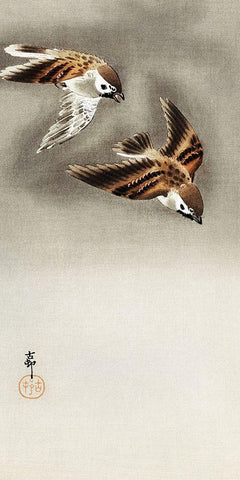 Ring sparrows in snow White Modern Wood Framed Art Print with Double Matting by Koson, Ohara