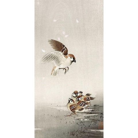 Tree sparrow with babies Gold Ornate Wood Framed Art Print with Double Matting by Koson, Ohara