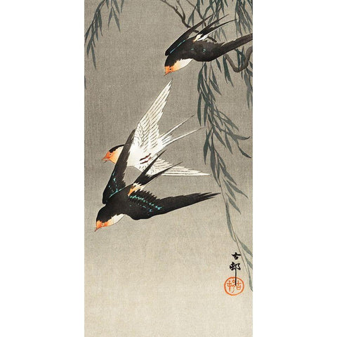 Three red-tailed swallows in dive Gold Ornate Wood Framed Art Print with Double Matting by Koson, Ohara