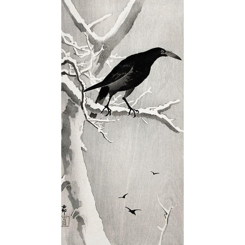 Crow on snowy tree branch Black Modern Wood Framed Art Print with Double Matting by Koson, Ohara