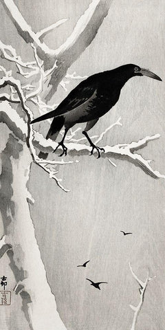 Crow on snowy tree branch Black Ornate Wood Framed Art Print with Double Matting by Koson, Ohara