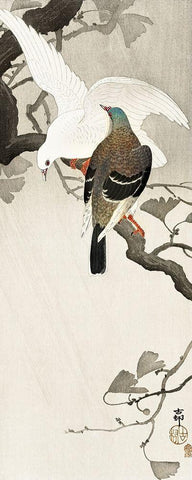 Two pigeons on a branch White Modern Wood Framed Art Print with Double Matting by Koson, Ohara